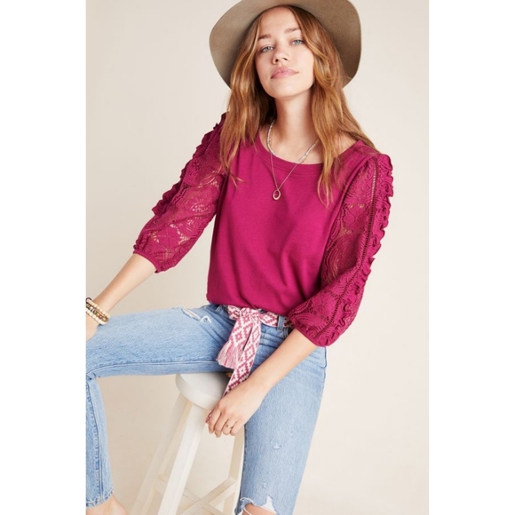 Anthropologie Tops - Anthropologie Tie Back Chrochet Ruffle Sleeve Top